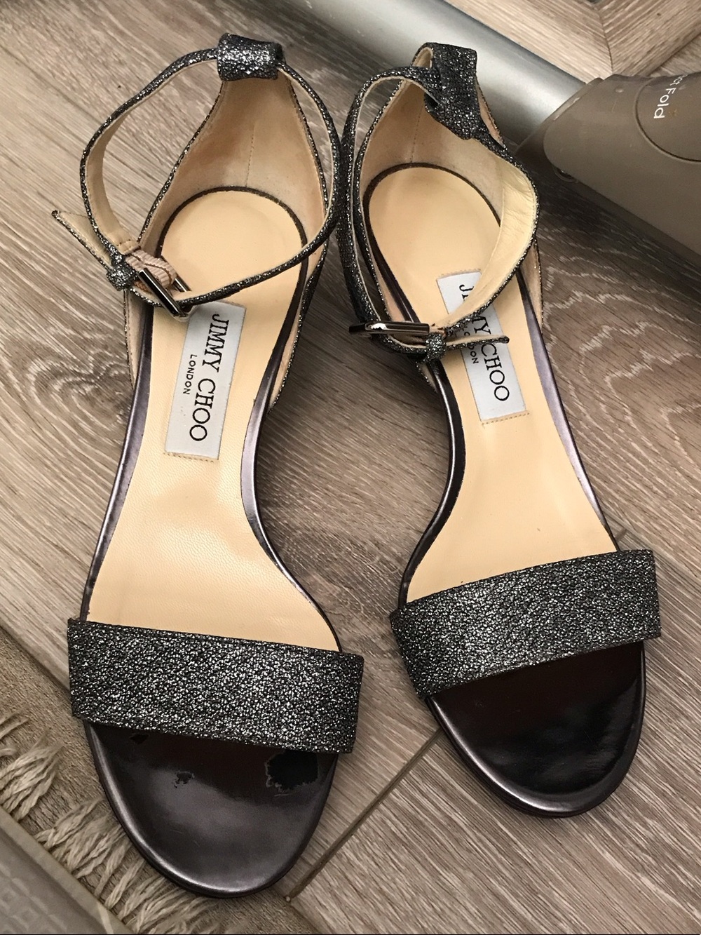 Jimmy Choo Black Glitter Ankle-Strap Sandals with Sparkle Strap